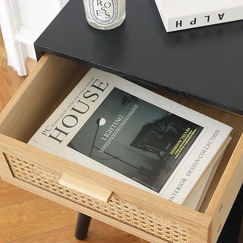 Miniatura 8 de MaxSmeo Mesita de noche moderna de mediados de siglo, mesa auxiliar de ratán con cajón para mesita de noche, sala de estar, dormitorio y espacios