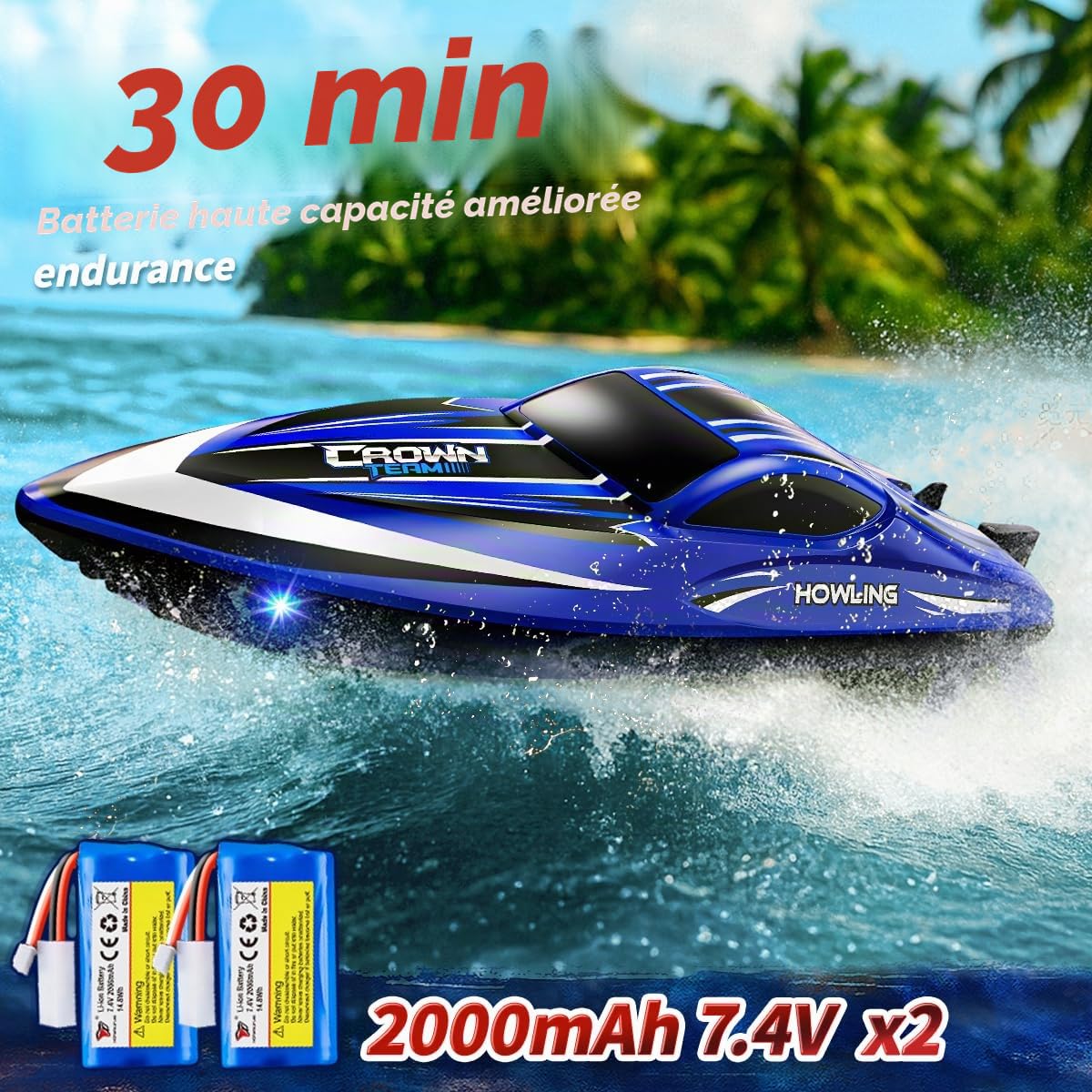 Bateau télécommandé RC 35 km/h étanche 2,4 GHz avec LED et fonction retournement,refroidissement par eau, double batterie, alarme de portée et de batterie, idéal pour enfants et adultes,piscine et lac