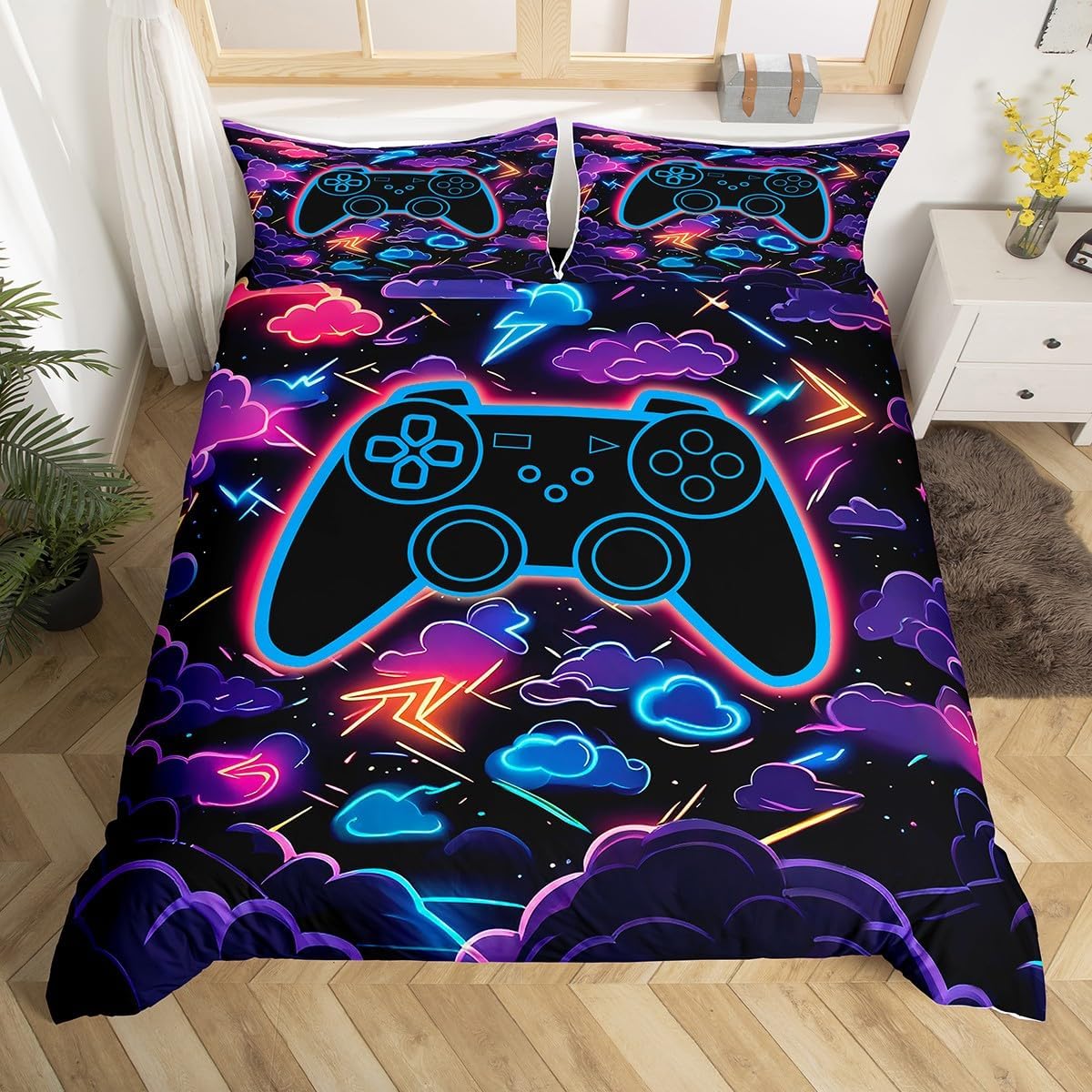 jejeloiu Kids Gamer Bedding Set Toddler Size, Galaxy Gaming Duvet Cover Modern Game Console Comforter Cover Boys Girls Gamepad Teens Bedspread Cover 2Pcs with 1 Pillow Case (No Comforter)