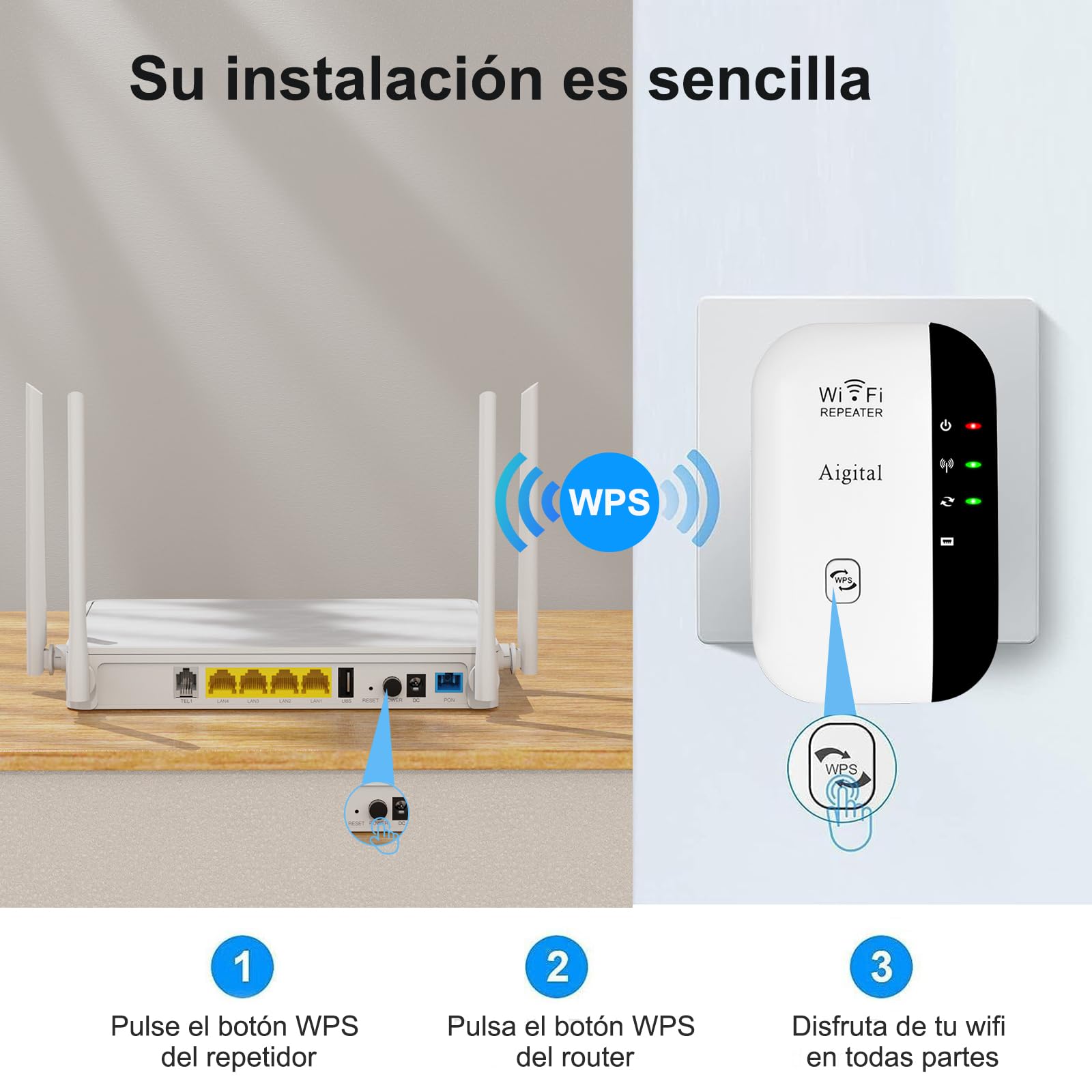 Repetidor WiFi 300Mbps 2.4 GHz, Amplificador y Extensor de Red WiFi Cobertura de hasta 120m², Modo Ap, WPS Botón, Puerto Ethernet, Antenas Internas- Blanco