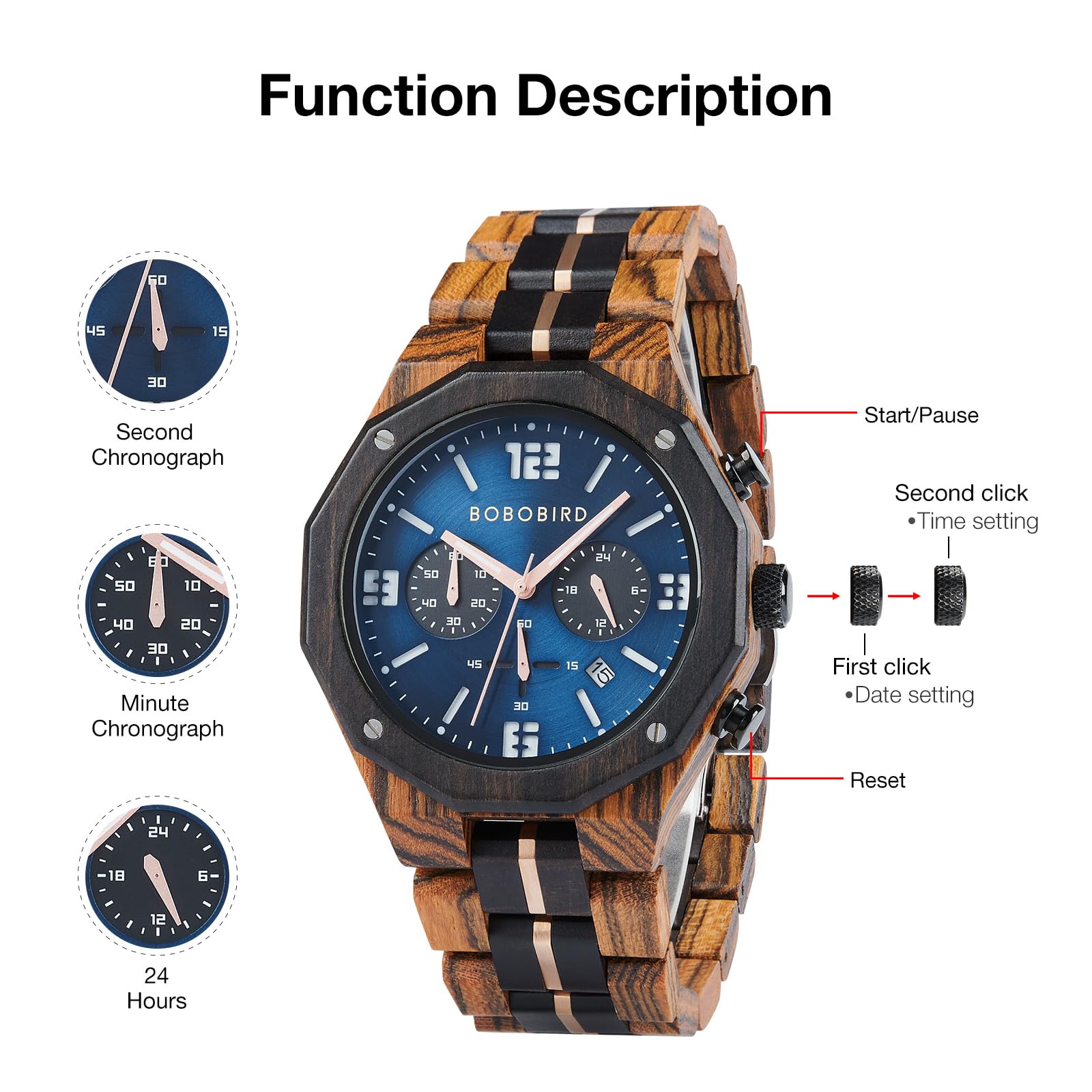 BOBO BIRD Herren Holzuhr Sport Mode Armbanduhr Casual Chronograph Quarz Uhren Männer Holz Edelstahl Armband Uhr mit Datumsanzeige