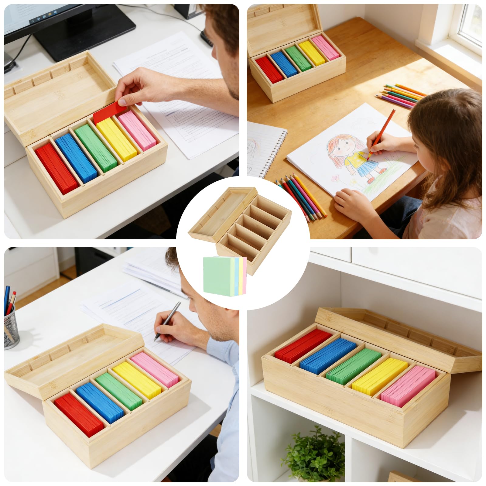 A7 Boîte à Fiches en Bois, Boîte de Rangement pour Cartes avec 5 Compartiments Boîte à Fiches de Classement avec Couvercle, pour Bureau école et Maison (22,2 X 12,8 X 9 Cm)