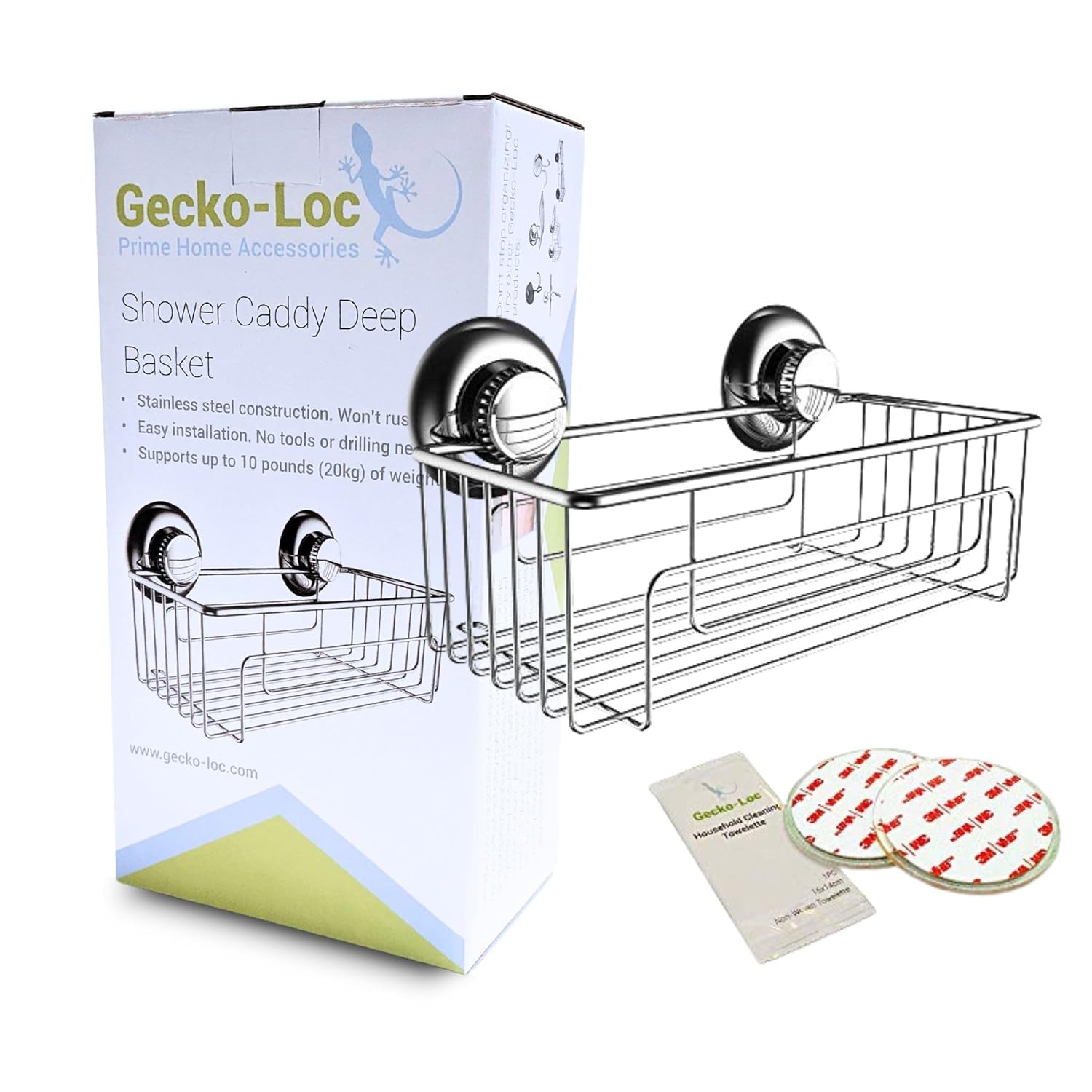 Gecko-Loc Large Deep suction cup wall mount bathroom shower caddy - shampoo storage basket shelf organizer caddie bath