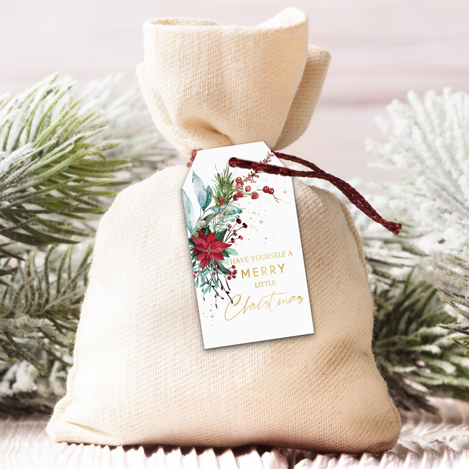 Whaline 100 Stück Weihnachtspapier-Geschenkanhänger mit Hanfseil, Weihnachtsstern, Papieranhänger, Goldfolie, Frohe Weihnachten, hängende Etiketten, vorgestanzt mit Löchern für Weihnachten, Winter,