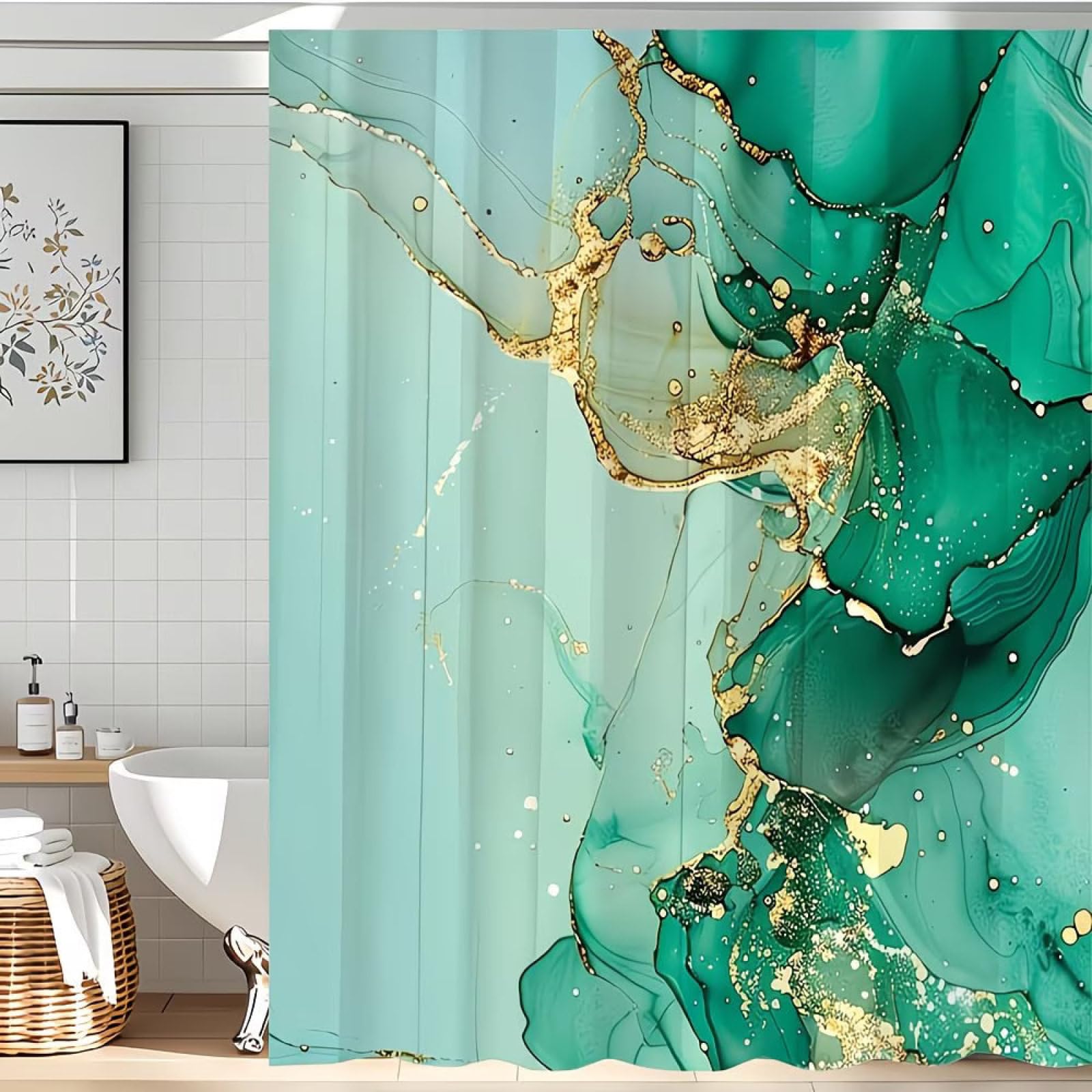 Shower Curtains Green Gold Marble Wet Room Shower Curtain Mould Proof Resistant Waterproof Polyster Fabric Washable with 12 Hooks Garden Bathroom Curtains (180x180cm)