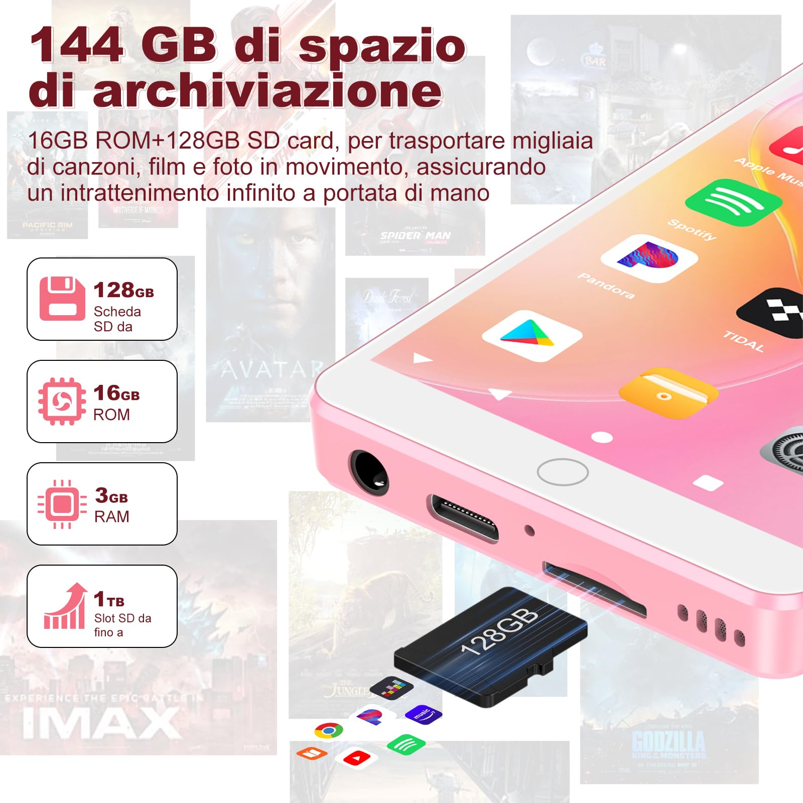 Lettori MP3 144GB con Bluetooth WiFi, lettori MP4 da 2000mAh con schermo touchscreen da 4” e altoparlante, lettori musicali MP3 con sistema operativo Android 13, Spotify, Audible, Play Store (Pink)
