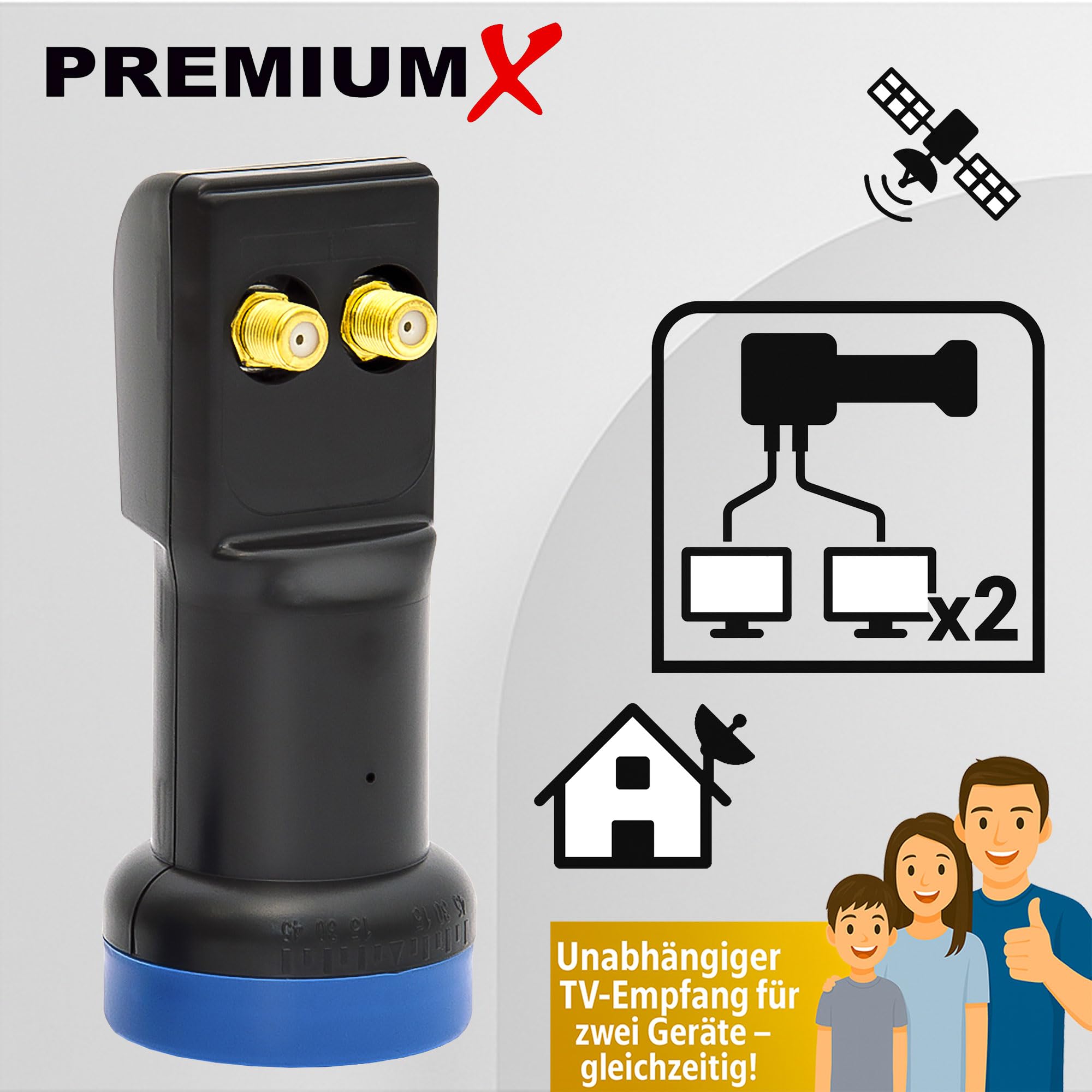 PREMIUMX Twin LNB PXL Tête de réception T LED Full HD HDTV SAT 0,1 dB pour 2 utilisateurs 3D 4 K High Quality avec protection météo