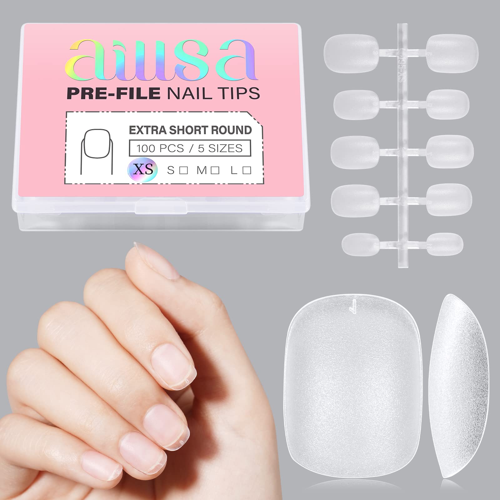 AILLSAExtra Short Round Nail Tips 5-Sized XS Full Cover Soft Gel Nail Tips No More Waste, Full Matte Pre-filed Acrylic False Gelly Nails Tips for DIY Press On Nail Extensions 100Pcs with Gift Box
