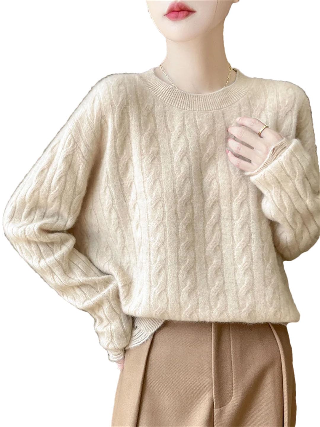 Women Cable Knit Sweater 100 Percent Wool O-Neck Preppy Style Long Sleeve Pullover Cashmere Sweaters