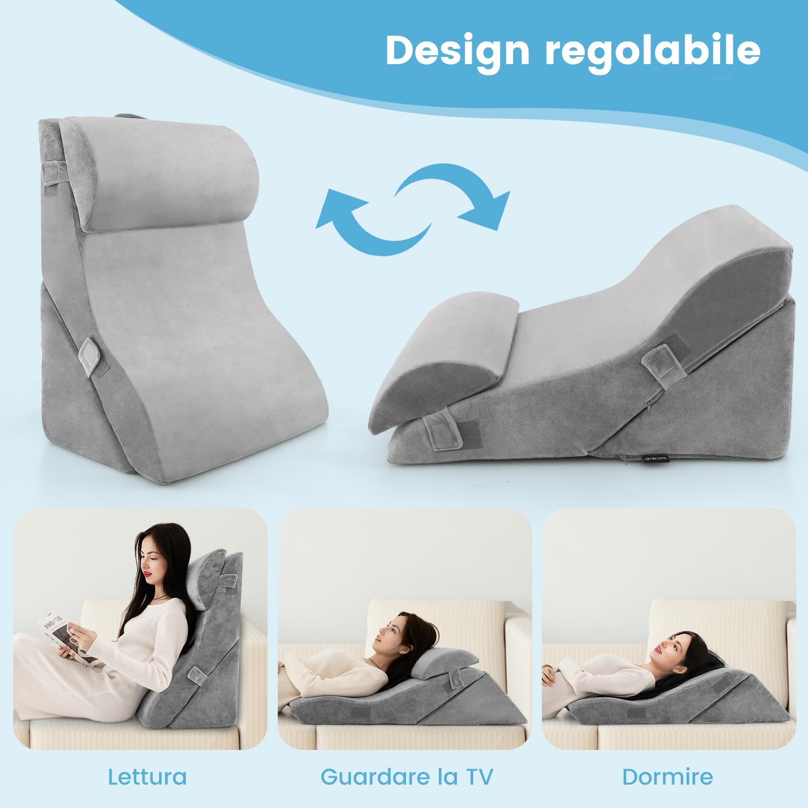 COSTWAY Set di 3 Cuscini a Cuneo per Letto con Copertura Lavabile