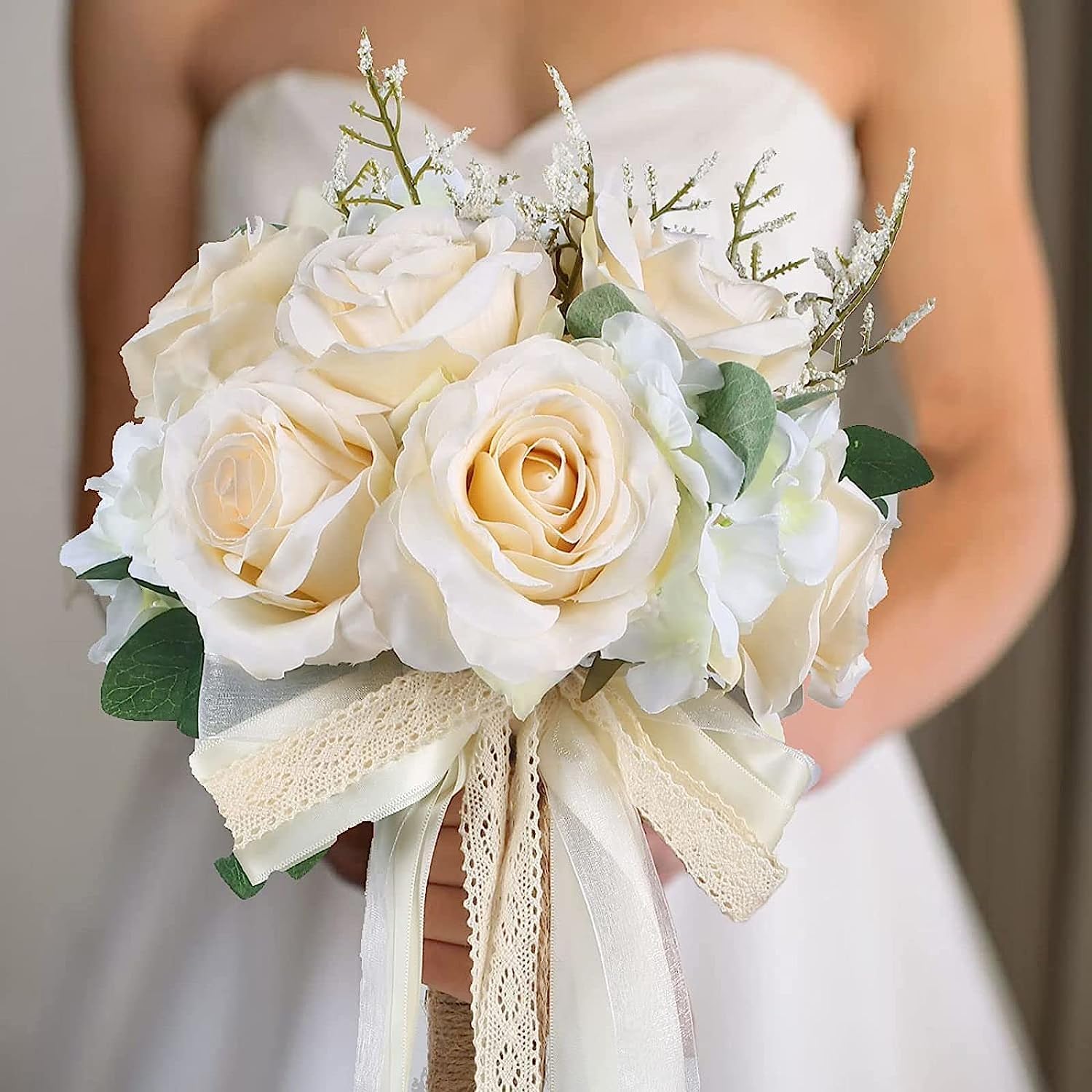 Bouquet de Fleurs avec Support W de 20 cm, Bouquet de mariée avec Roses artificielles Champagne, Bouquet de Demoiselles d'honneur, cérémonie d'anniversaire, Mariage