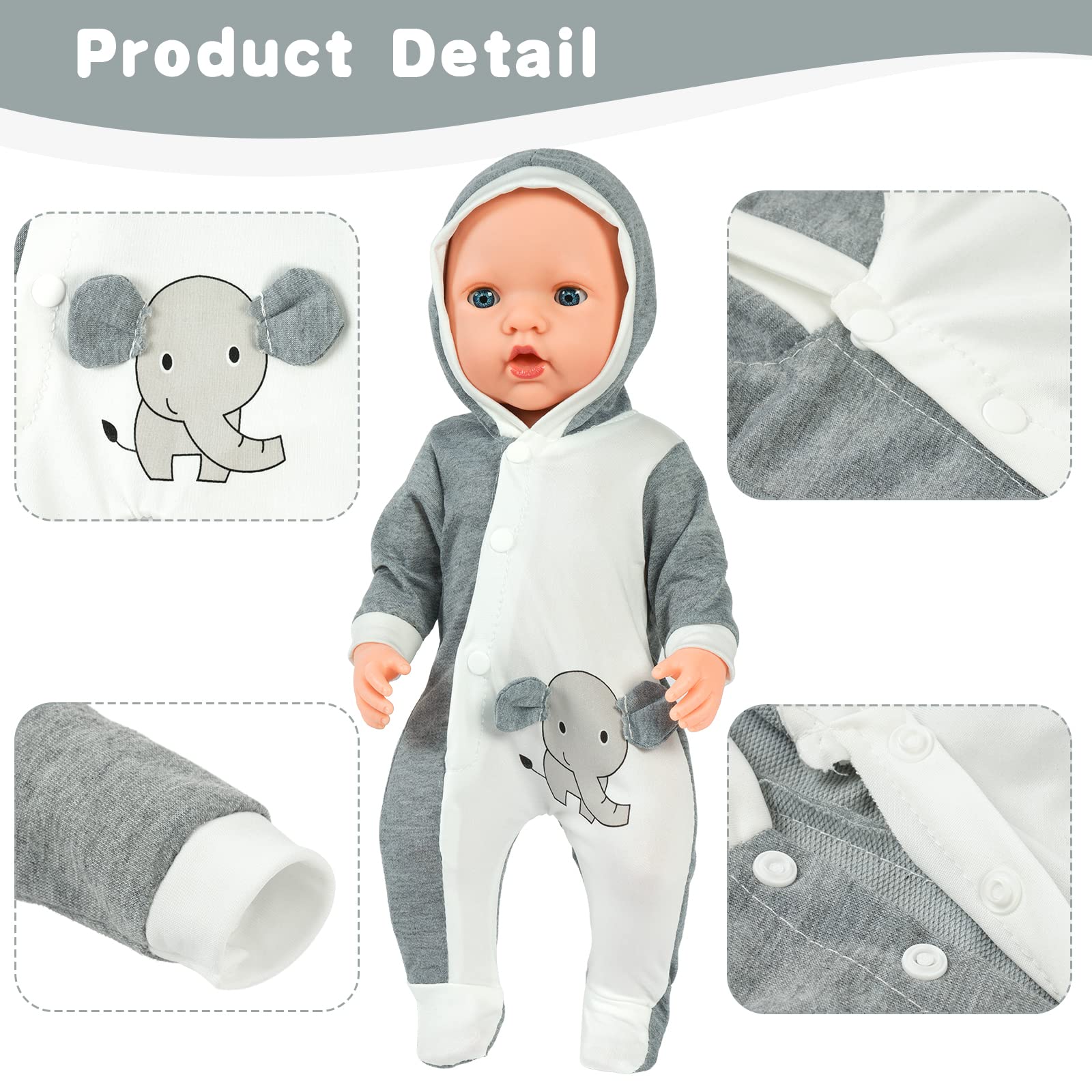 Aolso Vestiti per Bambole per New Born Baby Doll, Abiti per Bambolotti 35-45CM, Pagliaccetti Stampa con Cappello, con 1 Gruccia, Modello di Elefante Grigio e Bianco (Bambola Non Inclusa)