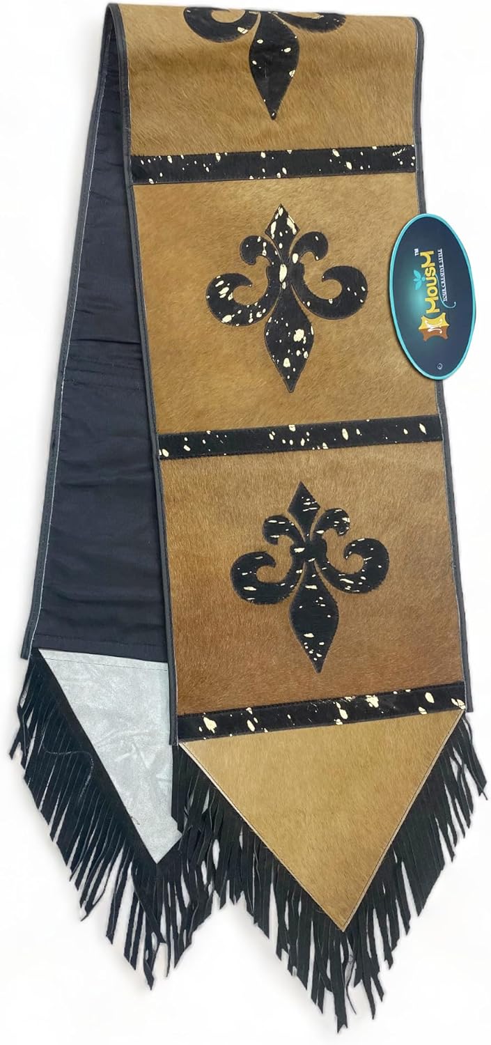 Real Cowhide Leather Table Runner - Fleur-de-Lis Design with Handcrafted Tassels | Farmhouse, Rustic Wedding & Dinner Party Décor | 72"x12"