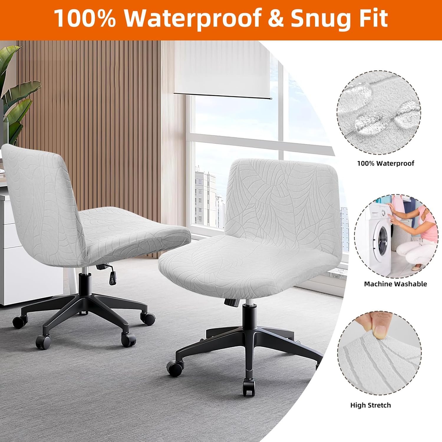 Fuloon Criss Cross Chair Cover, Waterproof, Stretchable, Solid Jacquard, Suited for Armless/Office/Desk/Mid Back Wide Seat/Computer/Task/Vanity/Accent Chair (Leaves -Shaped Jacquard, Light Grey)