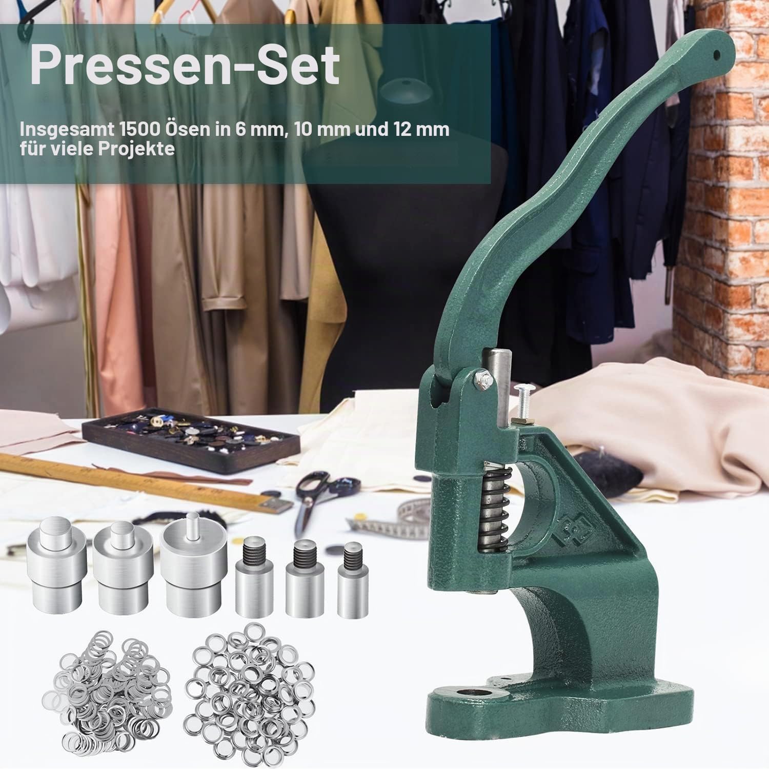DEWIN Ösenzange Set, 1 Stück Handpresse Ösenmaschine mit 1500 Stück Ösen und 3 Löchern Werkzeugen 6/10/12mm