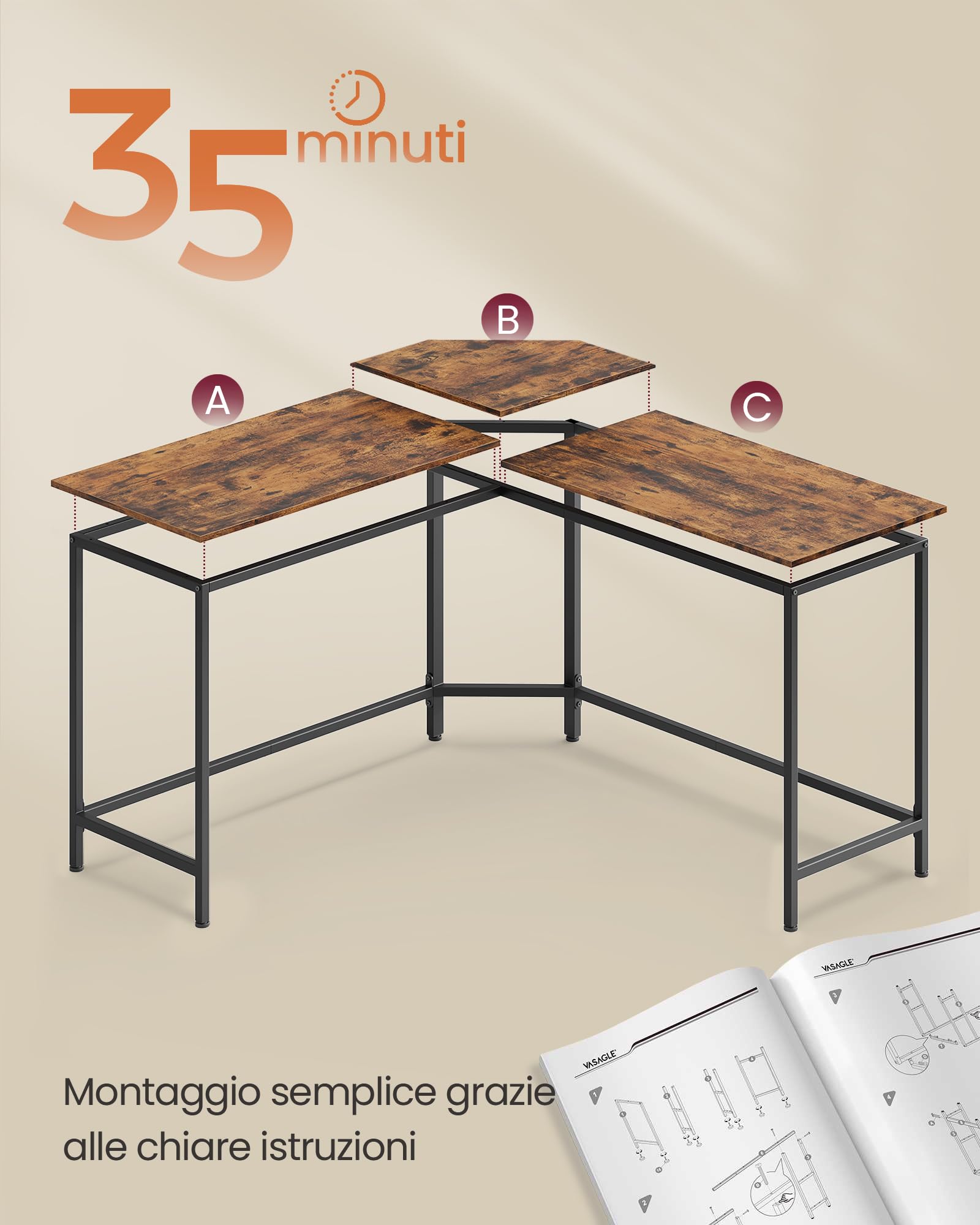 VASAGLE Scrivania per Computer a Forma di L, 140 x 140 x 76 cm, Scrivania ad Angolo, per Ufficio Studio, Marrone Vintage e Nero Inchiostro LWD73XV1