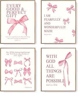 LARTSFRO Coquette Pink Bow Wall Art Decor Posters, Pink Bow Christian Room Bathroom Bedroom Dorm Wall Art Decor Aesthetic for College Teen Girls Gifts, Inspirational Bible Verses Bow Wall Decor, 10x8 Inch Set of 4 Pcs Bow Pictures (UNFRAMED)