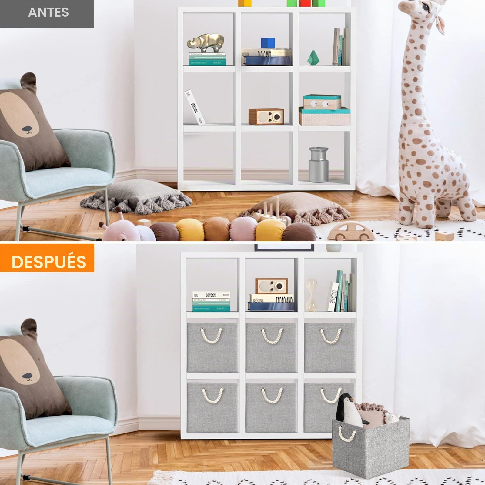 Juego de 4 Cajas Almacenaje de Tela, 33 x 38 x 33 cm, Cajas Organizadoras con Asas, Cajas de Almacenamiento Plegable para Ropa, Juguetes, Libros, Armario y Estanterías (Gris)
