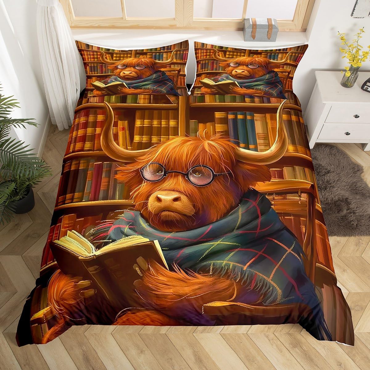 Highland Cattle Decorations Beddding,Wildlife Animals Flower Duvet Cover for All Season,Rustic Farmhouse Kids Bedroom Decor Comforter Cover (No Filler) Full Size,3PCS