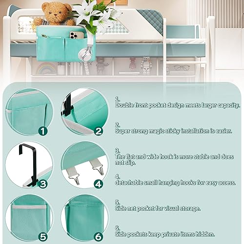 Miniatura 6 de Organizador de almacenamiento de mesita de noche, 5 bolsillos con 4 ganchos, bolsa de almacenamiento colgante para cabecerosliteras (verde claro)