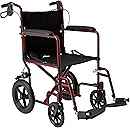 Medline Lightweight Foldable Transport Wheelchair with Handbrakes and 12-Inch Wheels, Red Frame, Black Upholstery