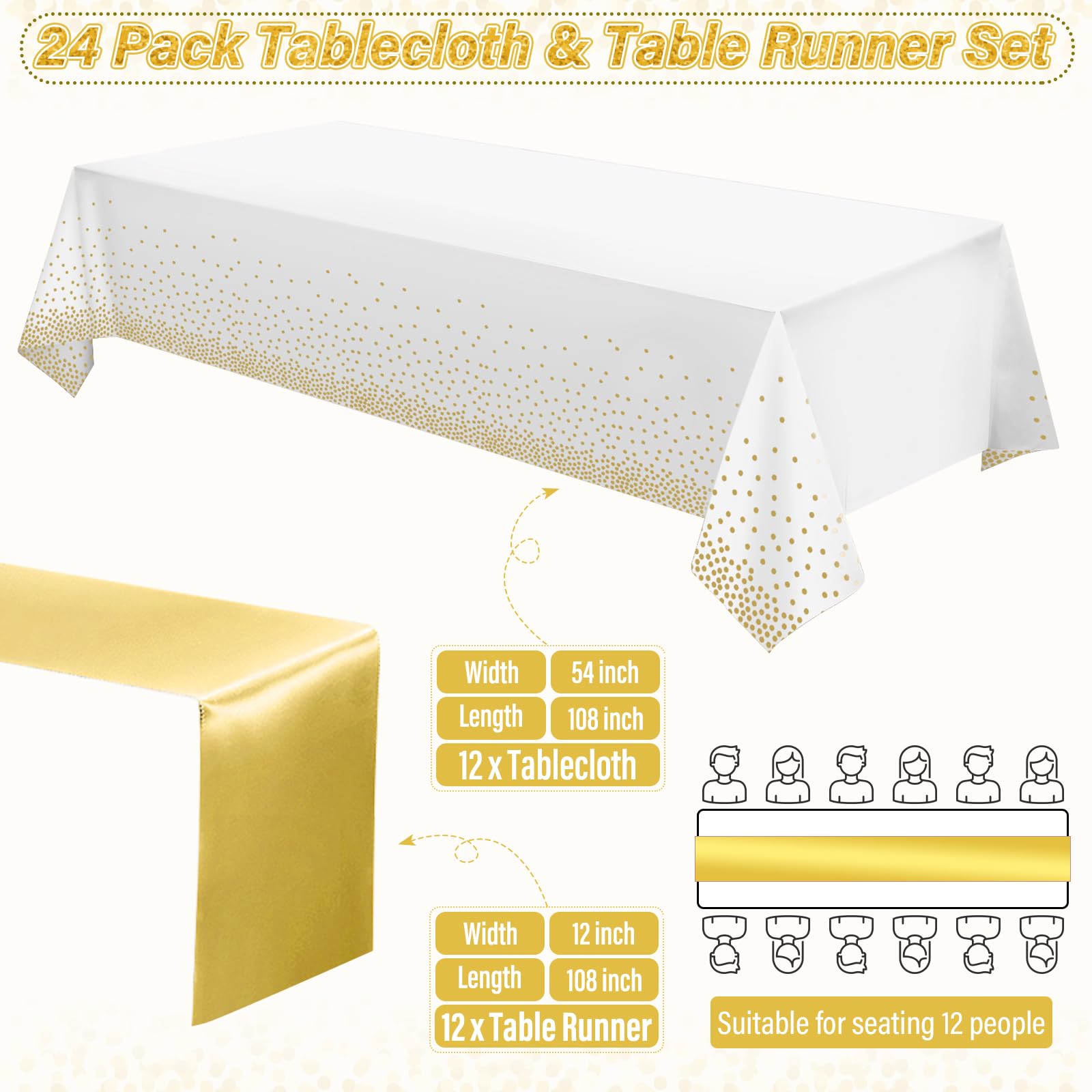 Paquete de 24 manteles y caminos de mesa blancos y dorados, decoraciones de fiesta, mantel desechable de plástico blanco y amarillo y camino de mesa de satén para boda, cumpleaños, graduación,