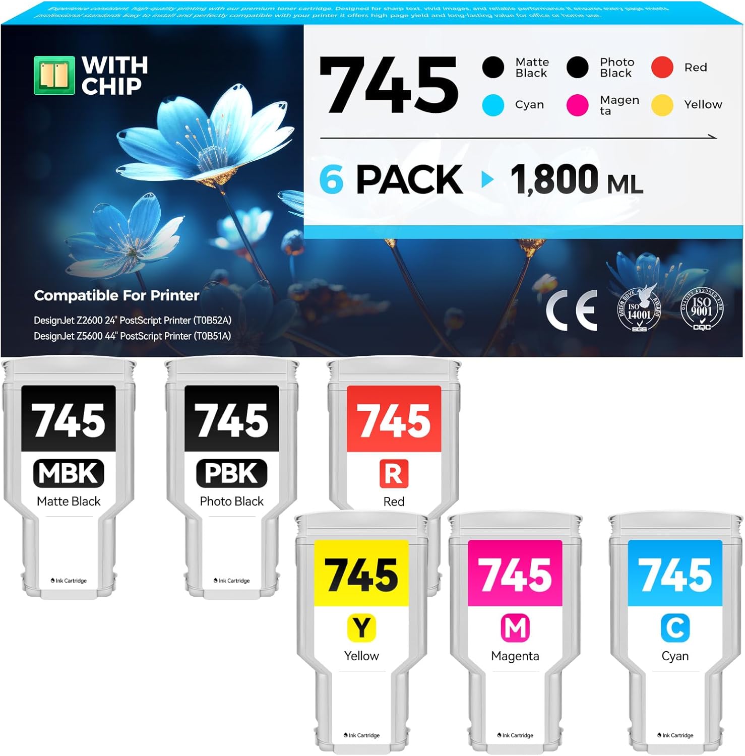 745 Ink Cartridges set 6-Pack 300-ml High Yield Replacement for HP 745 Ink F9K06A F9K05A F9K04A F9K03A F9K02A F9K01A Compatible for HP DesignJet Z2600 Z5600 Postscript Printer Matte Black Color Inkjet