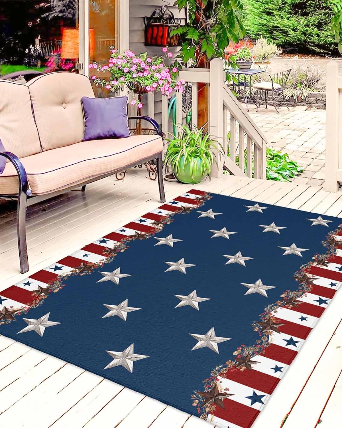 4th of July Outdoor Rug 4x6 ft Rustic Star Stripes Large Area Rug Non Slip Red White and Blue Independence Day Front Door Mat RV Rug Camping Carpet Patio Outdoor Rugs for Backyard Balcony Porch Indoor