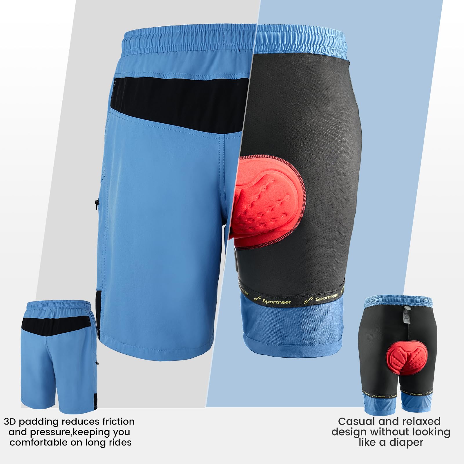Sportneer MTB, Pantaloncini da Ciclismo da Uomo, Imbottiti, Pantaloncini da Ciclismo da Uomo, Foderati in 3D, Mountain Bike, Ciclismo, Sport, Ciclismo all'aperto