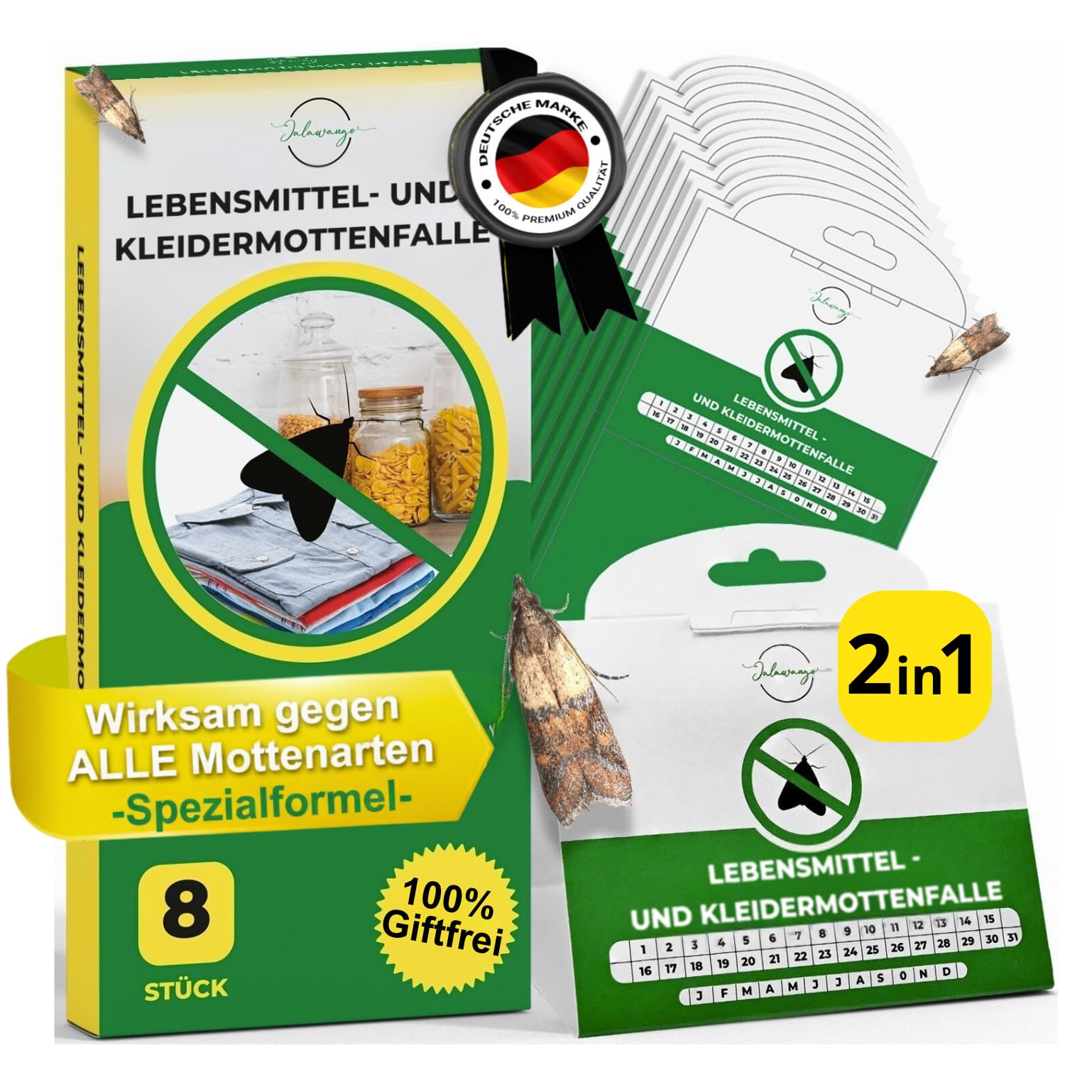 Jalawango 2in1 Mottenfalle Lebensmittel & Kleidermotten [8 STK]| Effektiv & langanhaltend (3-5 Monate)| Kleidermottenfalle Lebensmittelmotten-Falle Mottenschutz gegen Motten f. Kleiderschrank Küche