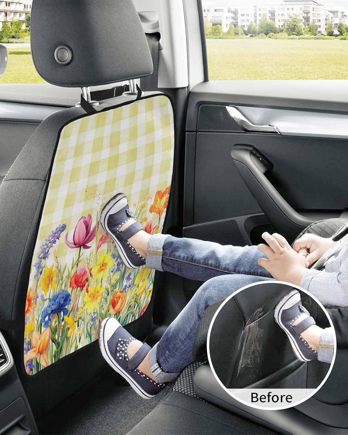 T&H XHome Car Seat Protector, 2 Pack Kick Mats Back Seat Protector Spring Watercolor Tulip Flowers Yellow Plaid Waterproof Backseat Cover for Kids Universal Fit Automotive Interior Protectors