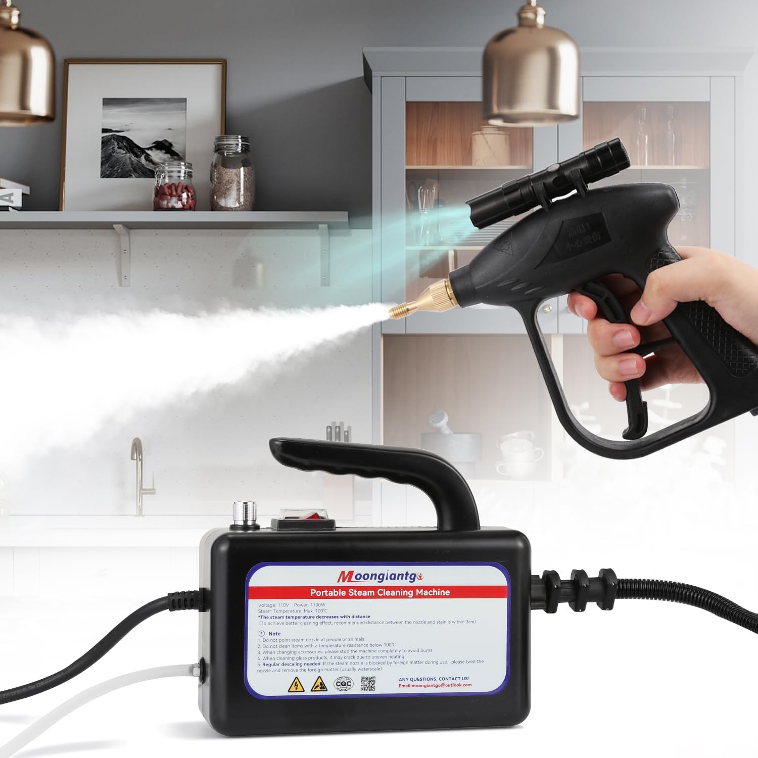 Moongiantgo 1700W High Pressure Steam Cleaner Handheld Portable Instant Steam Cleaning Machinefor Commercial Home USe Kitchen Bathroom Grout Tile Car Detailing (Black, 110V)