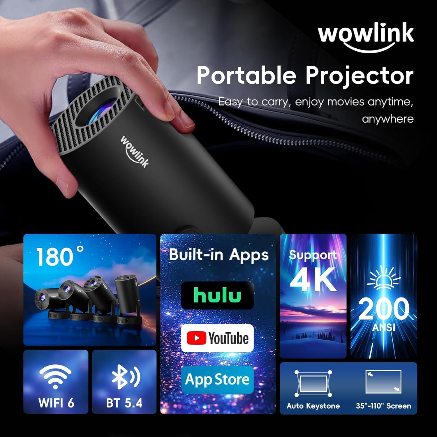 [Apps integrate & 2026 Upgraded] Mini Proiettore con WiFi 6 Bluetooth 5.4 | Support 4K 1080P Auto Keystone Rotabile 180° Proiettore Portatile Compatibile con HDMI/TV Stick/Memory Stick/Laptop, Nero