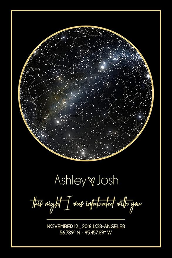 Custom star map artwork with constellations, couple names Ashley & Josh, and a special date and location.