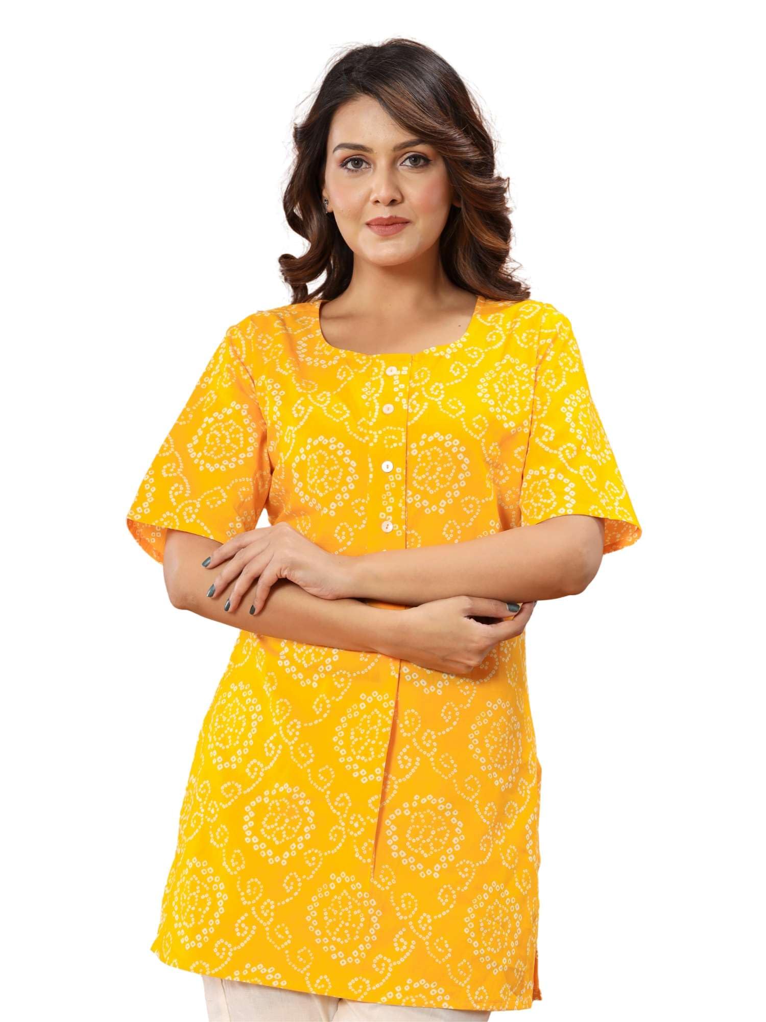 murli kurti Women's Printed Cotton Kurti | A - Line Short Kurta & Kurti for Women | Stylish Round Neck Short Sleeve Tunic for Casual & Office Wear (Yellow)-picture-18