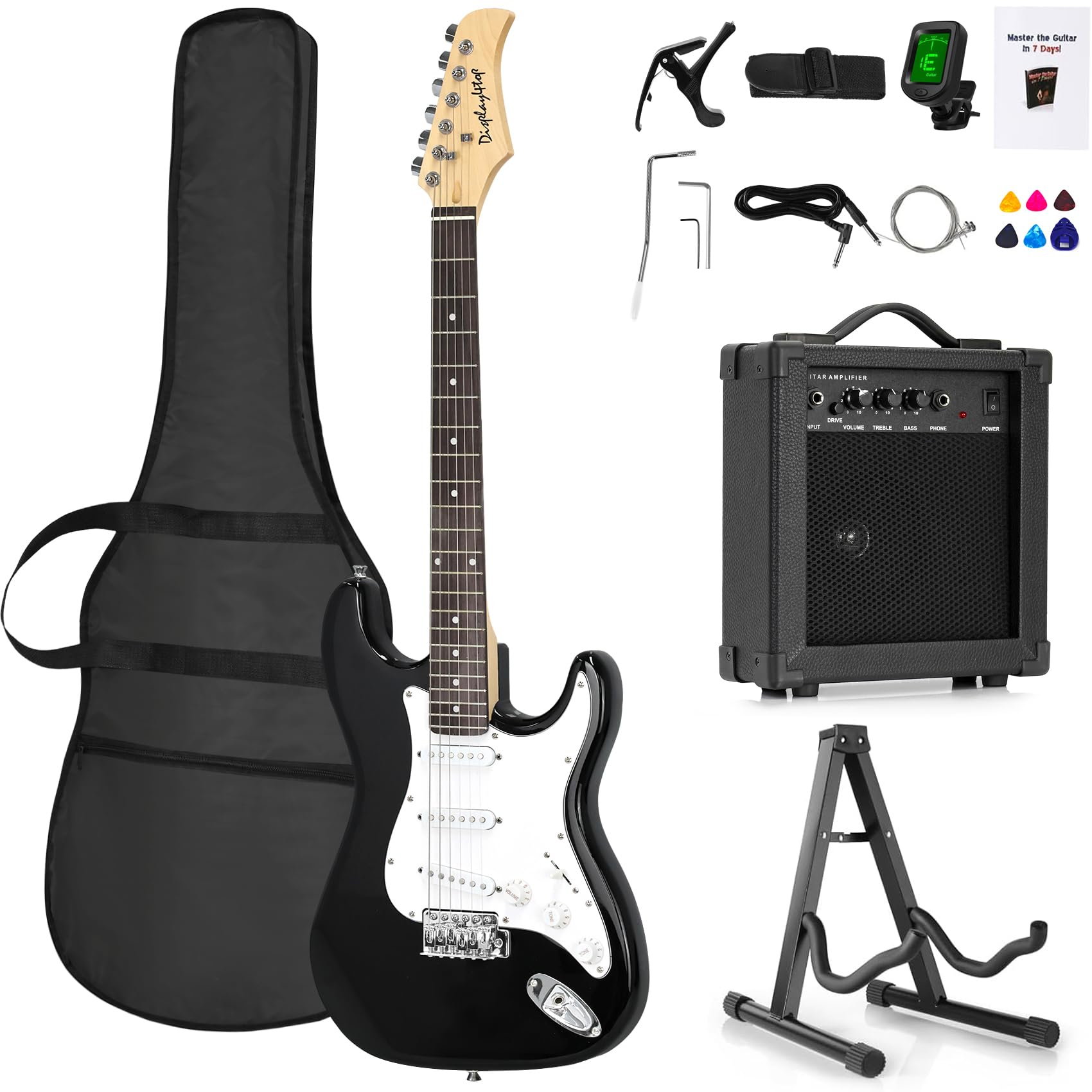 Sponsored Ad – Display4top Full-Size Electric Guitar Most complete Beginner Super Kit Package with Amplifier, Guitar Stand, Bag, Guitar Pick, Strap,spare Strings, Tuner, Case and Cable (BlackWhite)