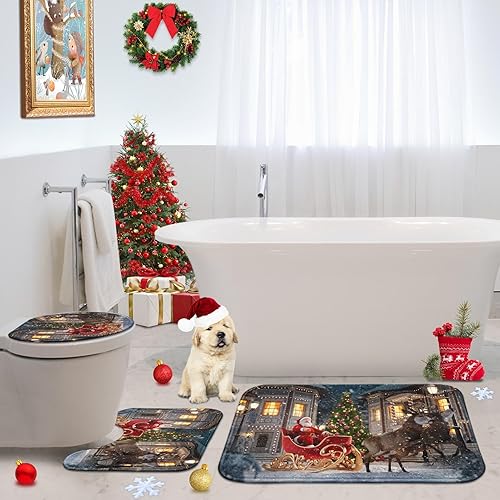 Miniatura 7 de ArtSocket Juego de 3 alfombras y tapetes de baño de Navidad, de Papá Noel, antideslizantes, de microfibra absorbente de invierno, de espuma