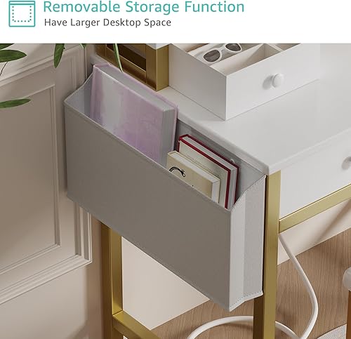 Miniatura 7 de Pequeño escritorio de maquillaje con luces, juego de tocador para niñas de 31 pulgadas con espejo y silla, tocador de maquillaje con cajones y toma