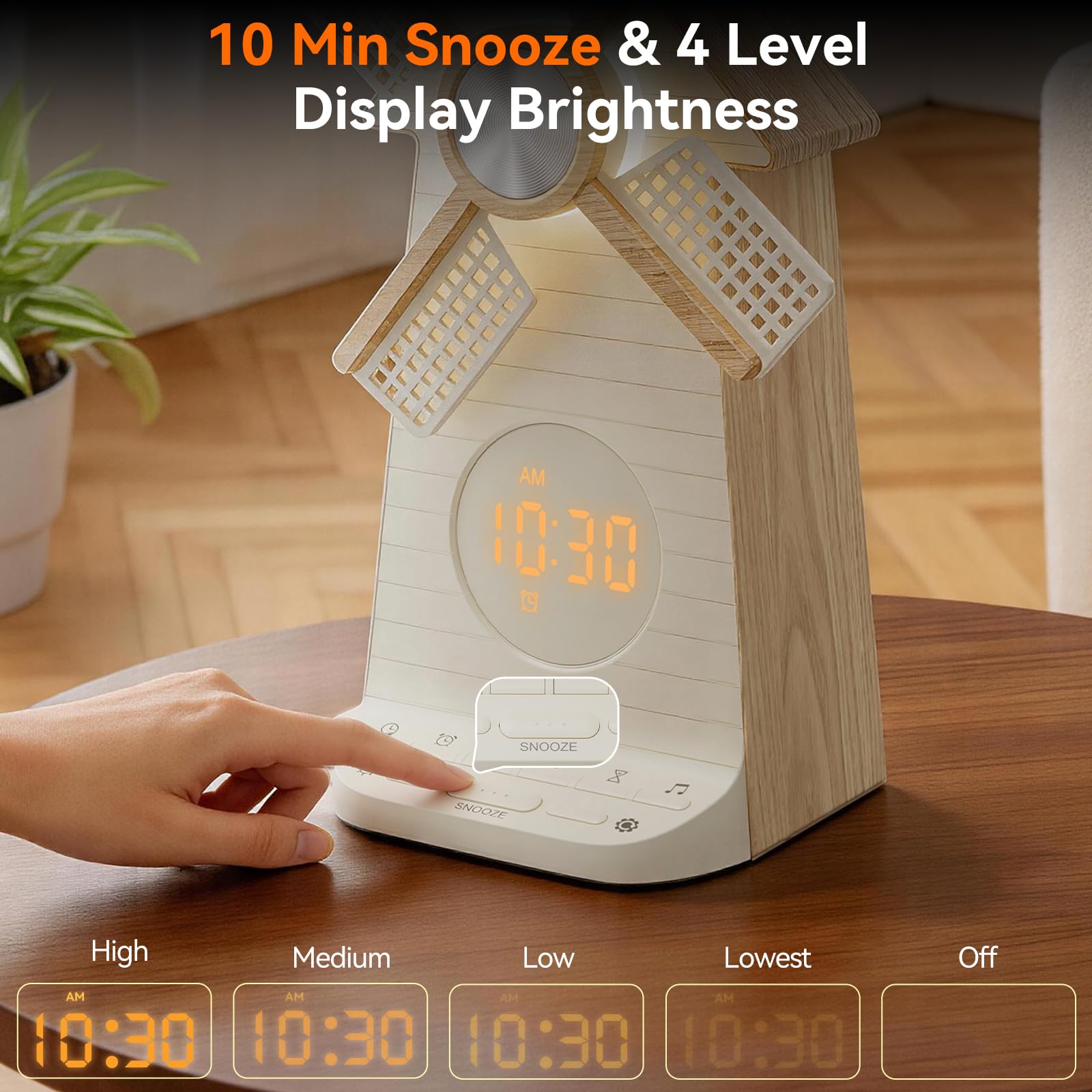 RETEYUNG Nachttischlampe, Wecker mit USB-Ladestation, Rotierender Windmühle Kinderwecker für Mädchen, Tageslichtwecker, 15 Klingeltöne, Snooze, 20 Klänge, Schlafzimmer Deko & Geschenk