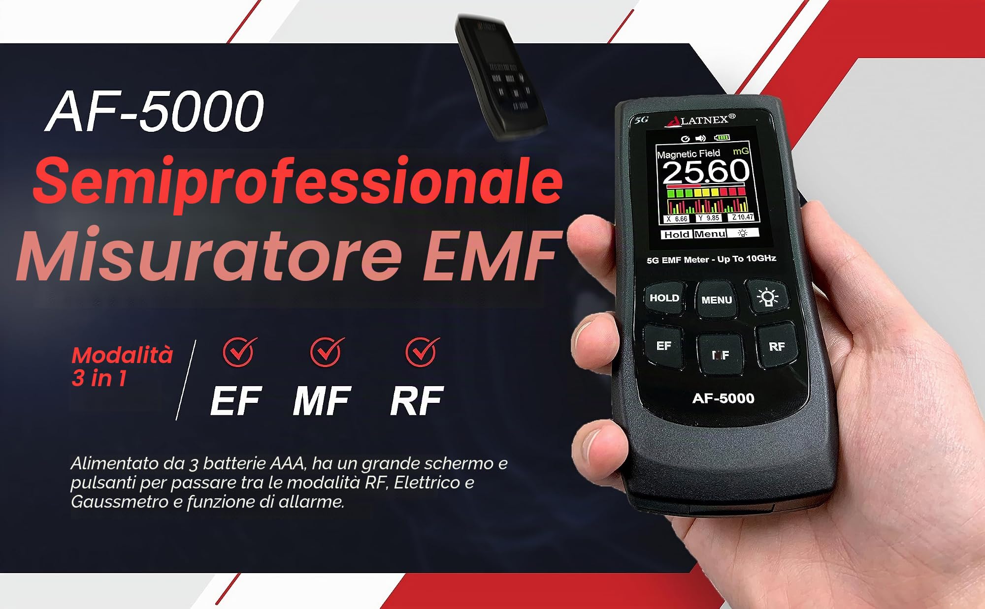 LATNEX AF-5000 5G EMF Meter RF Detector Tester e lettore con certificato di calibrazione - Test e misure RF e microonde, 3 assi Gauss o Tesla campi magnetici e campi ELF elettrici