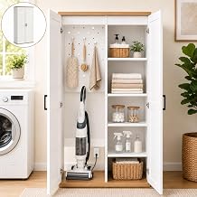 Wooden 55" Tall Broom Closet Storage Cabinet for Vacuum Cleaner & Floor Scrubbers with 2 Doors and Adjustable Shelf, Cleaning Supply Cabinet with Bottom Openwork for Laundry Room, Garage