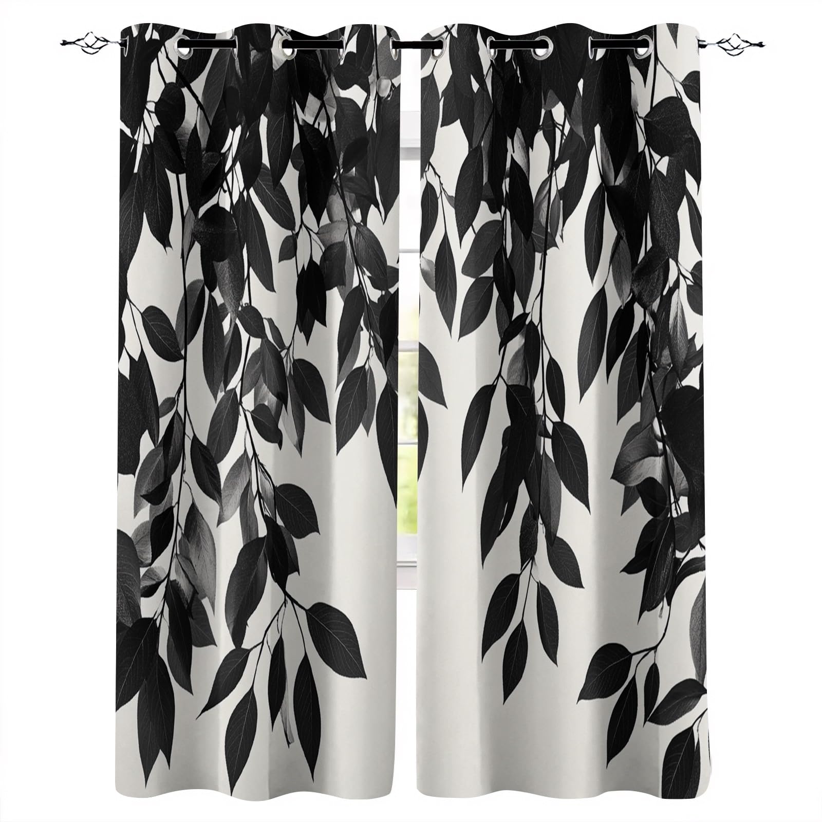 Générique Cortinas Estampadas 100X140cm(HxB Hojas Blancas Y Negras Cortina Opaca termica Aislante Cortinas Infantiles con diseño de Nubes, poliéster Opaco y Ojales para Dormitorio A1126