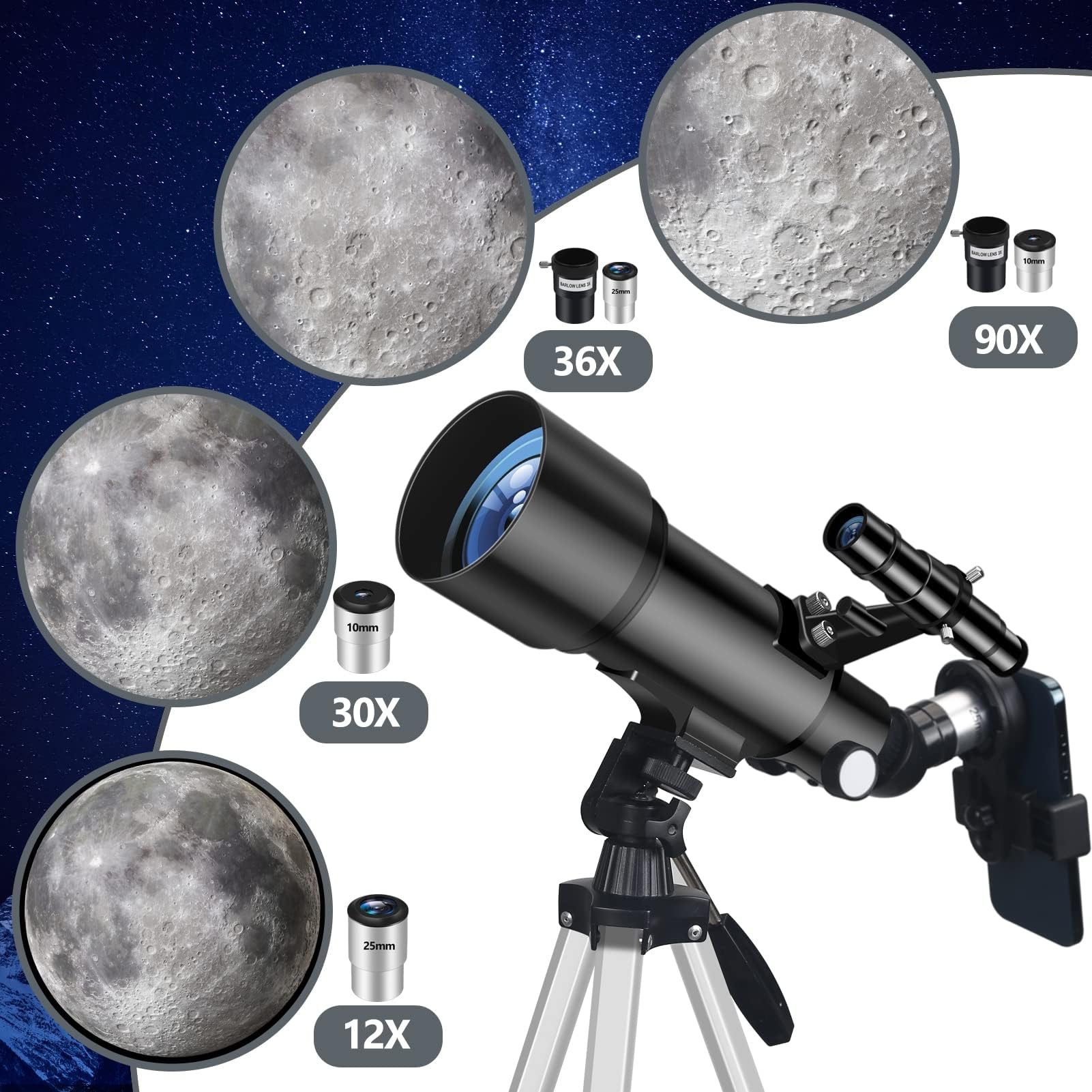 Telescopio, Astronomia Telescopio Professionale 70/400mm per Principianti con Cannocchiale 5 x 24 e Treppiede, Refrattori Telescopi per Bambini Adulti, per Luna Pianeta Guarda(Nero)