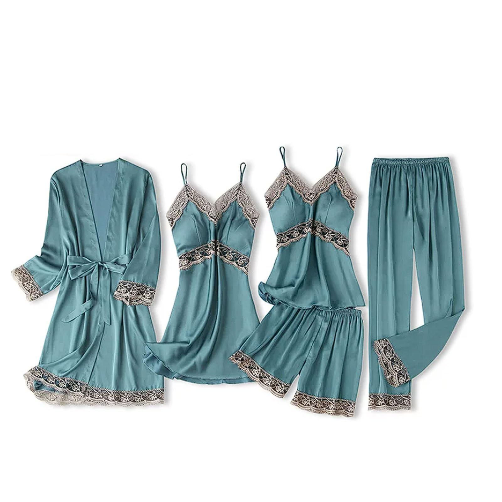 FROON Conjunto de pijama verano 5 piezas, camisola y bata encaje seda helada con almohadillas sujetador extraíbles, ropa fina for el hogar