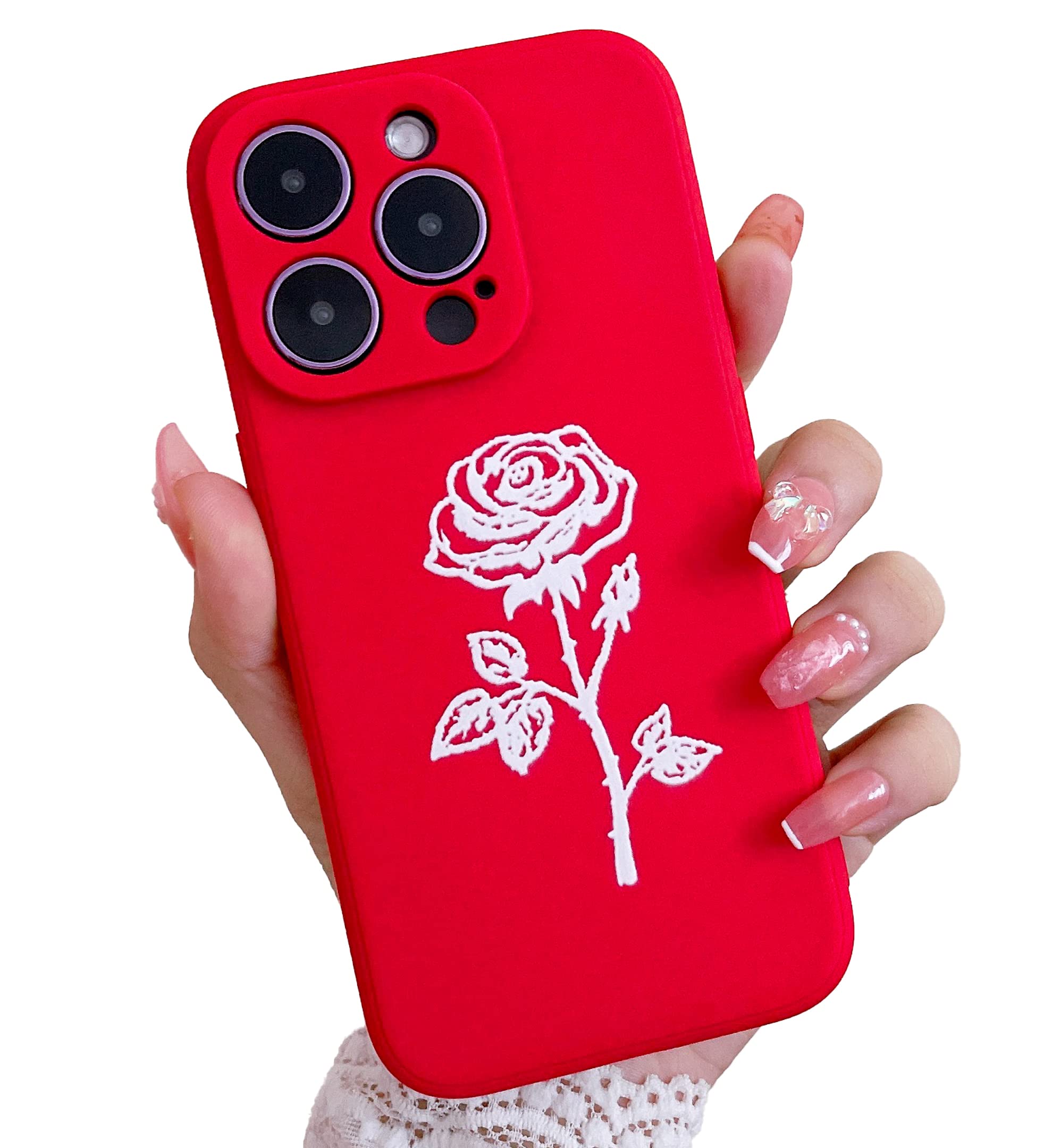 YIKUSO Compatible with iPhone 14 Pro Case Silicone Gel Rubber Phone Cases, Cover 6.1 Inch Full Body Soft Protective Rose Flower Case Cute for Women（Red）
