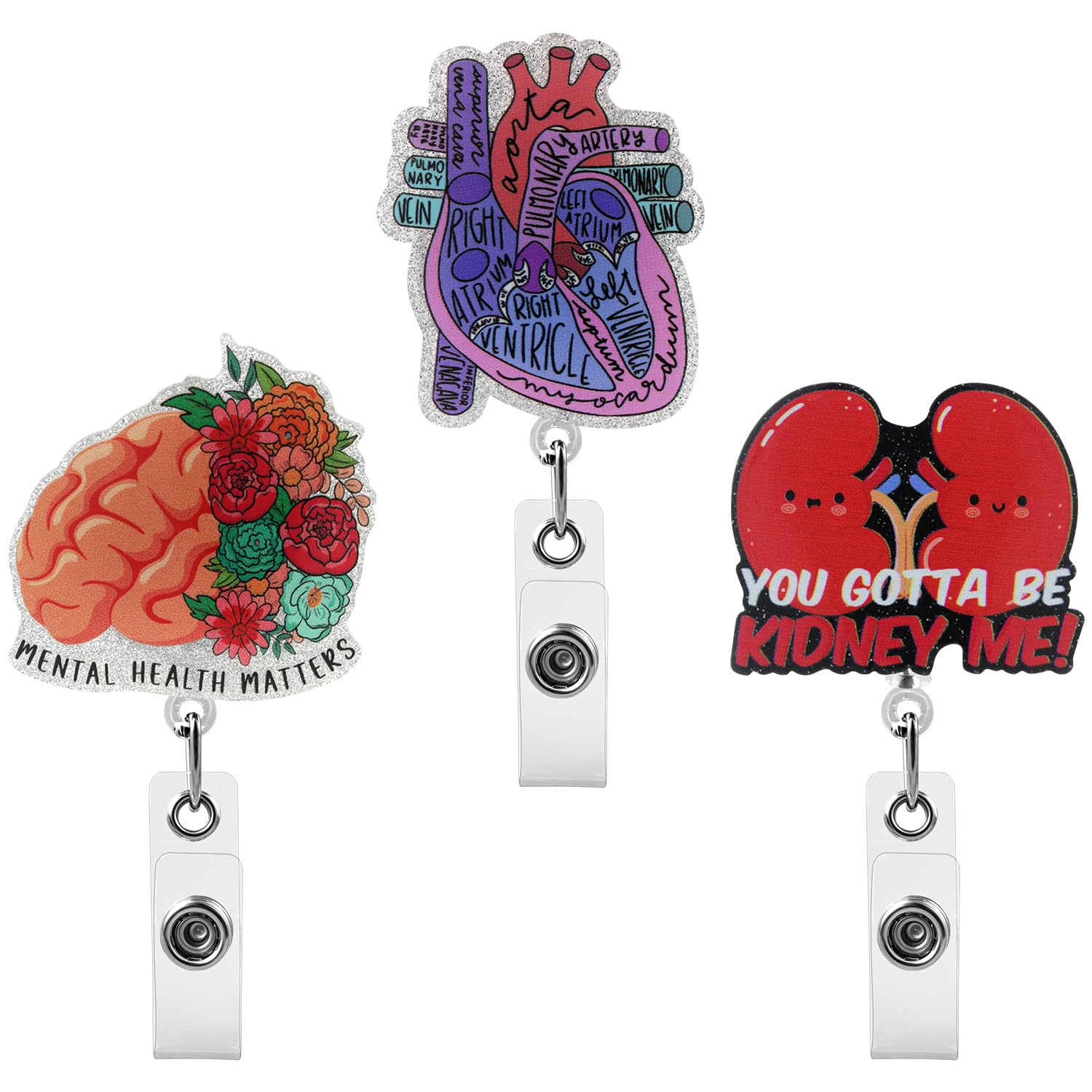 3 Pcs Medical Retractable Badge Reel Set Heart & Kidney Badge Holder | Brain Style Retractable Funny Glitter Acrylic ID Card Holder with Alligator Clip for Nurses, Doctors & Students