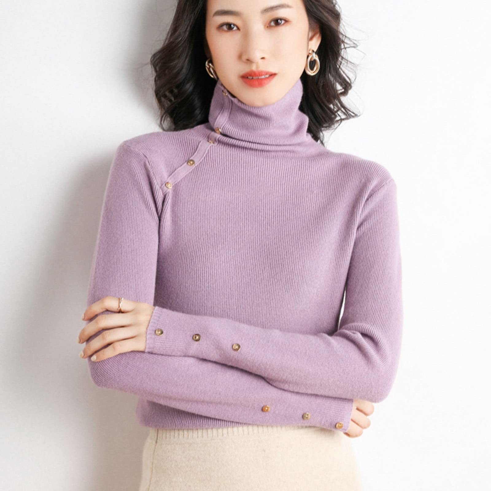 Suéter para Mujer,Suéter De Cachemira De Cuello Alto De Otoño E Invierno para Mujer Jersey De Manga Larga Suelto Informal Top Elegante Y Cálido Suéter De Moda De Calle De Punto Elástico De Co
