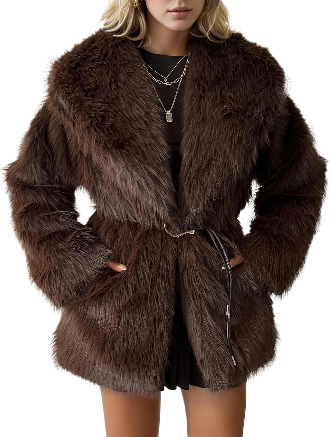 PEHMEA Women's Mid-Length Faux Fur Coats Winter Warm Fuzzy Jackets Lapel Fashion Luxury Fluffy Shaggy Parka Coat