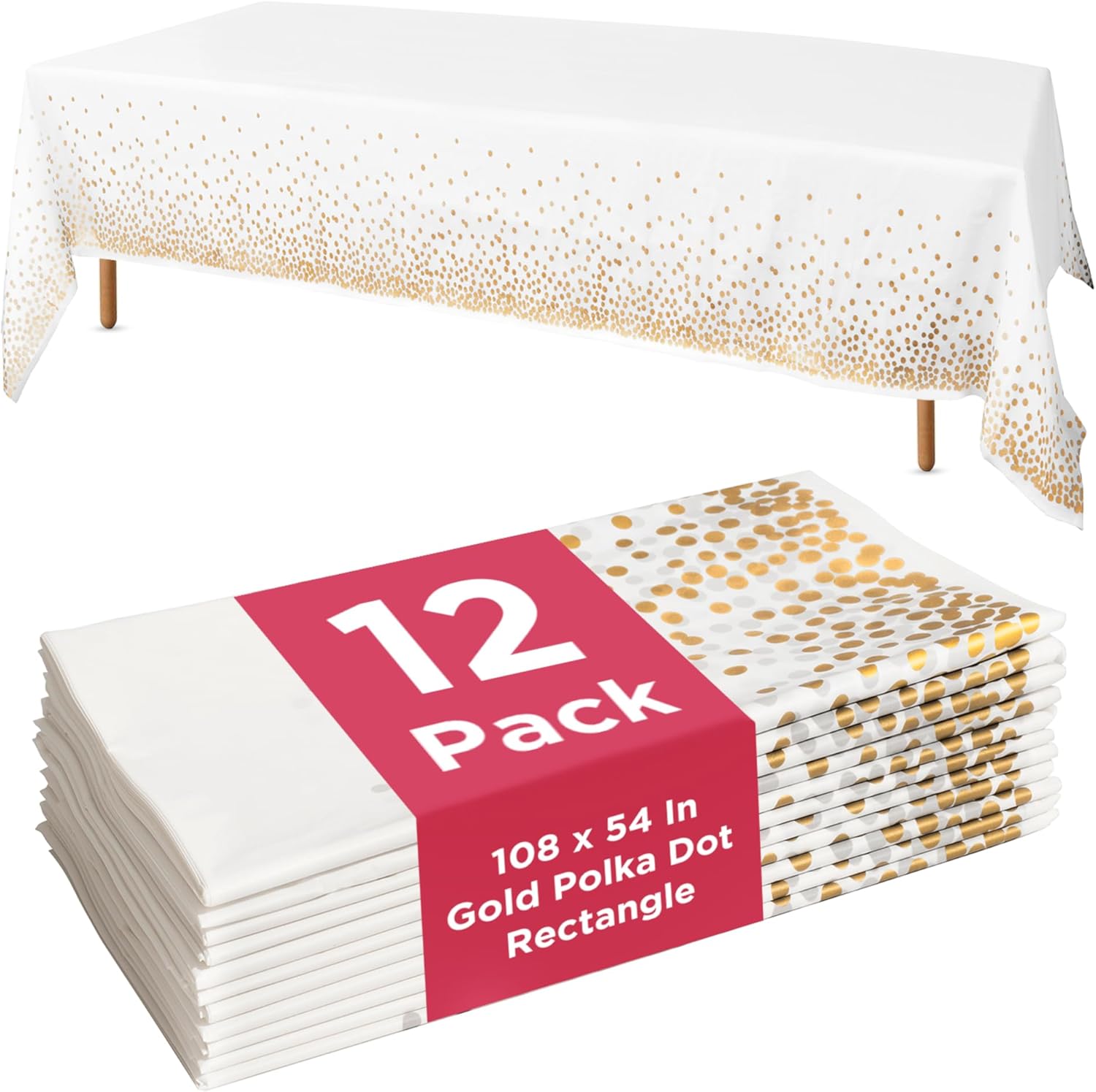 Prestee 12-Pack Disposable Tablecloth - Table Cover White and Gold Polka Dot Rectangular, 54x108 Inches - Waterproof, Stain-Resistant Party Table Covers for Weddings, BBQs, Birthdays, and Events Rectangle (12 Pack) White/Gold