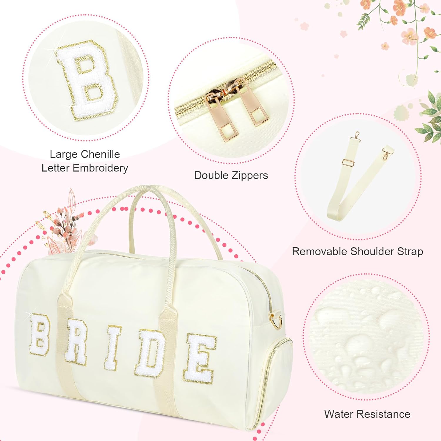 Bride Bag Bridal Shower Gifts 2 Pcs Wedding Weekender Tote Groom Duffel Chenille Letter Bag with Shoes Compartment Bachelorette Gifts for Bride to Be (White, Bride) - Image 8
